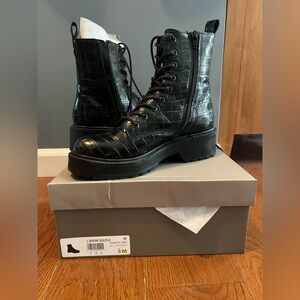Franco Sarto black croc-embossed lug boots. Size 8.